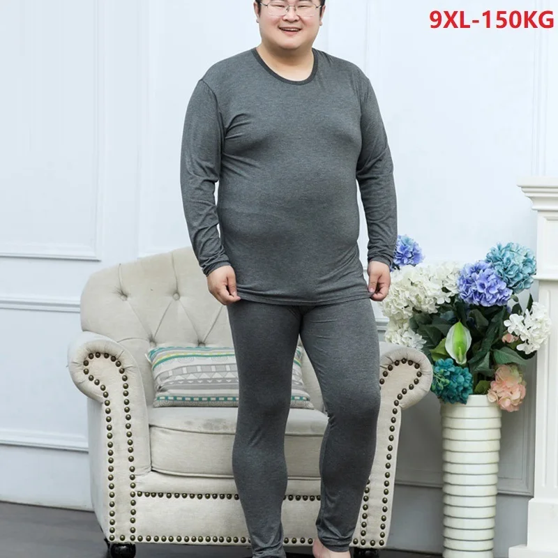 oversize 7XL 8XL 9XL winter men thick fleece tshirt plus size cotton warm Thermal Leggings Bottoms Tops and pants underwear gray |