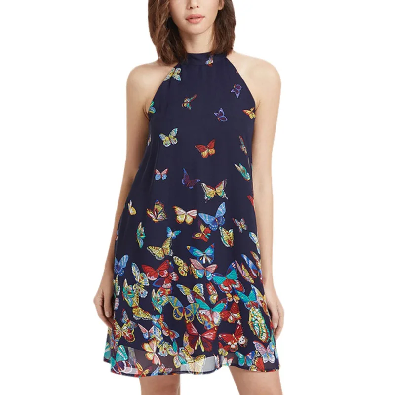 

2019 Fashion Women Summer Round Neck Knee-Length Sweet Temperament Hanging Neck Butterfly Print Straight Sleeveless Casual Dress