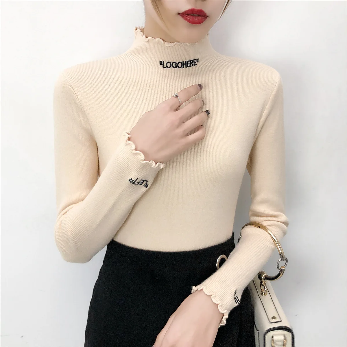 

Core-Spun Base Shirt 2019 Half-Turtle-Neck Lettered Embroidered Autumn And Winter New Style WOMEN'S Dress Slim Fit Pullover Knit