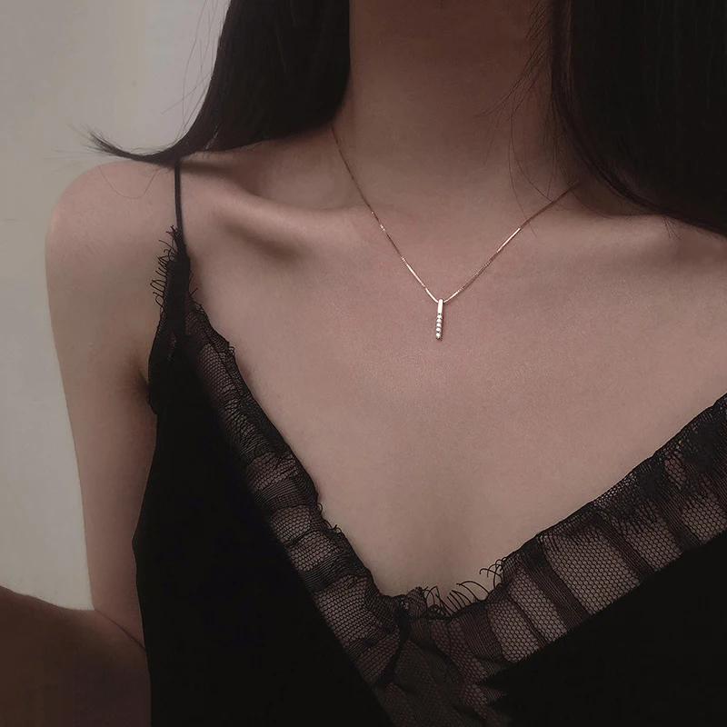 

Simple Strip Geometric Cubic Zircon Necklace Silver Color Clavicle Chain Charm Necklace For Women