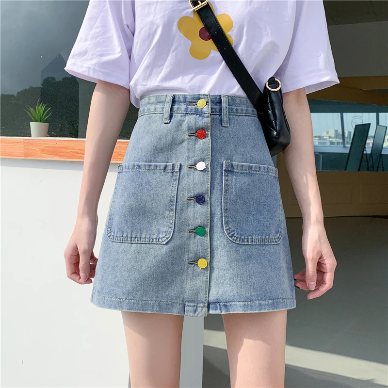 midi skirt Denim Skirt High Waist A-line Mini Skirts Women 2022 Summer New Arrivals Colorful Buttons Pockets Blue Jean Skirt Plus Size pink skirt