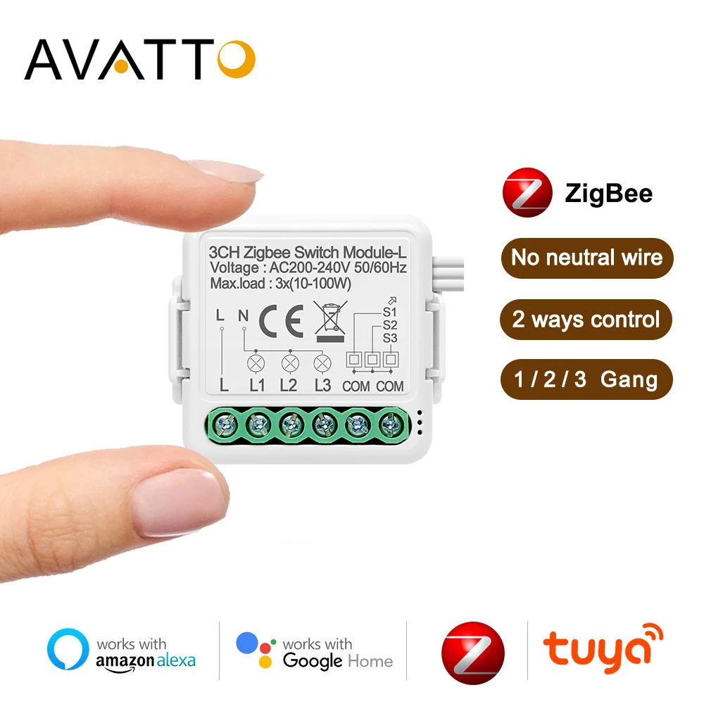 AVATTO Smart Zigbee Switch Module No Neutral Wire Required,Tuya 1/2/3 Gang Switch with 2 Way Control Work with Alexa Google Home rubber switch cap