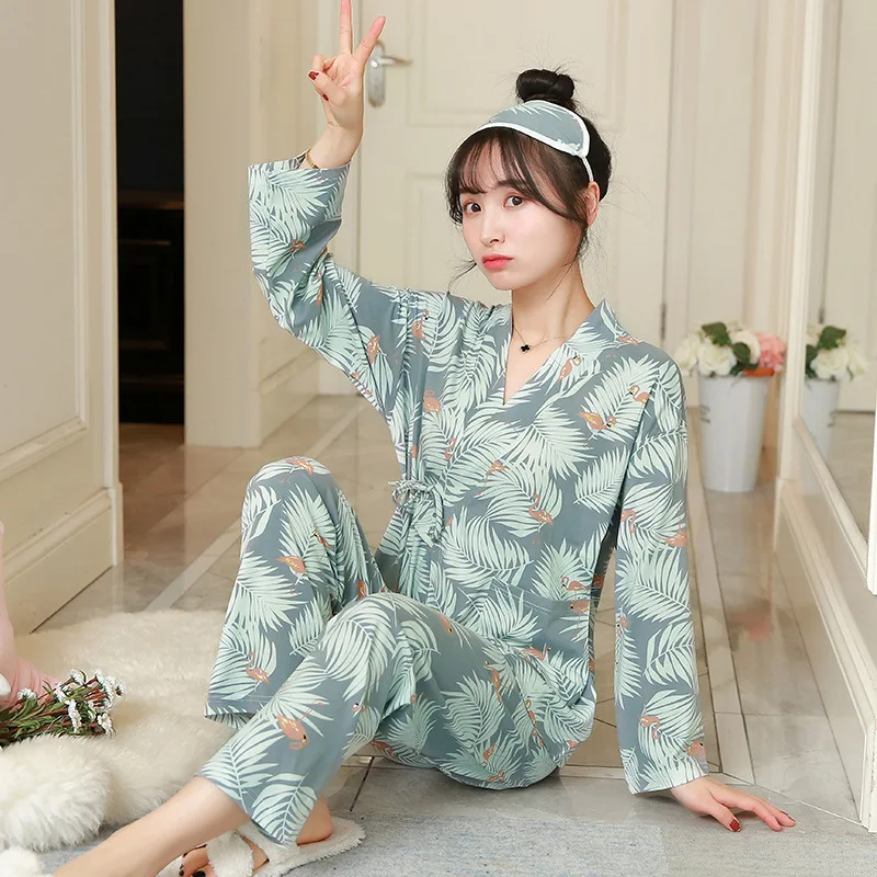 

[Htc sheng] Spring And Autumn Japanese Style Kimono Pajamas Women Long Sleeve Homewear Set