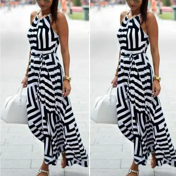 

Fashion Boho Women Dress Summer Casual Long Dress Sleeveless Striped Bow High Waist Straight Ankle Length Dress Sling Sundress