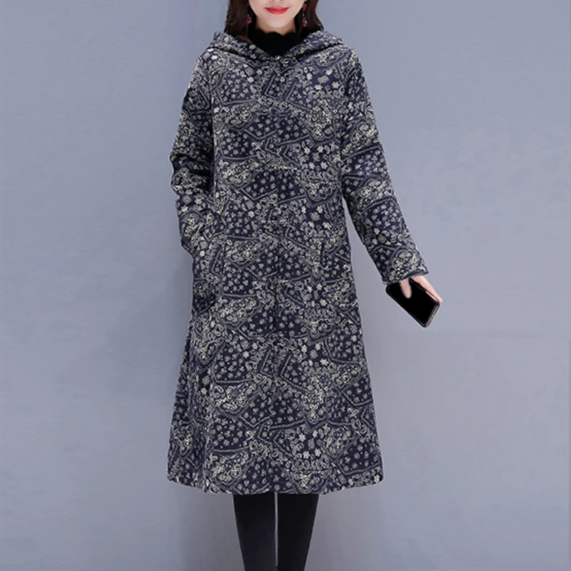 EaseHut Women Vintage Autumn Hooded Long Coat Paisley Floral Printed Knot Buttons Pockets Furry Lining Loose Casual Outerwear