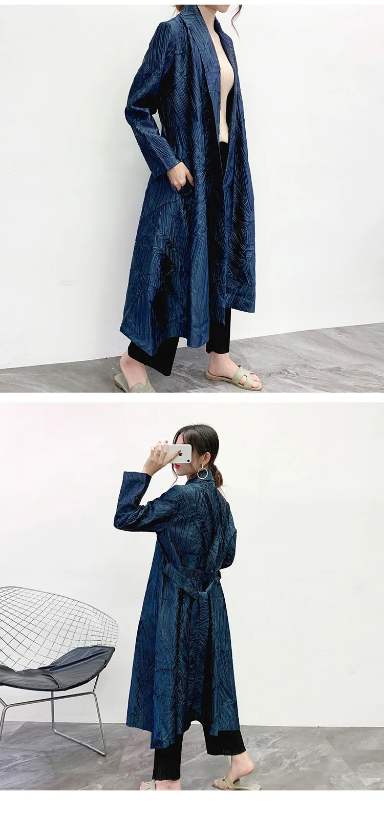 Miyake плиссированные двухсторонние тренчи женские модные повседневные свободные с отложным воротником с поясом сплошное длинное пальто зимний плащ большого размера