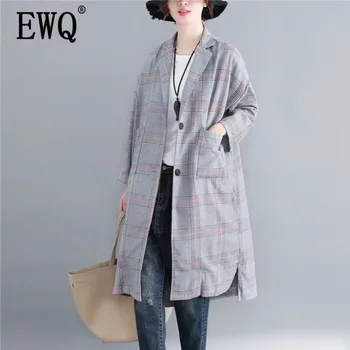 

[EWQ] 2020 Spring Autumn New Pattern V-collar Long Sleeve Plaid Patchwork Vintage Long Coat Women Fashion Tide Women AF24201