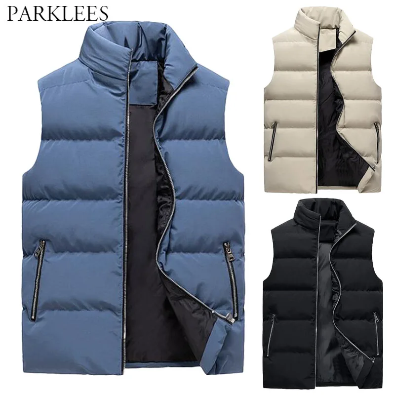 

Spring Autumn Solid Thick Vests Mens Warm Casual Men Sleeveless Waistcoat Stand Collar Zipper Men Gilet Vest Coat Jackets Homme