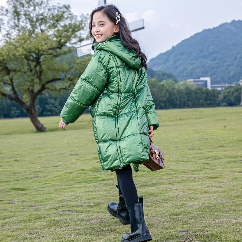 Girls Winter Down Jacket Thicken Hooded Overalls Children Clothing Green Long Outerwear Kids Padded Jacket Teen Glossy Overcoat