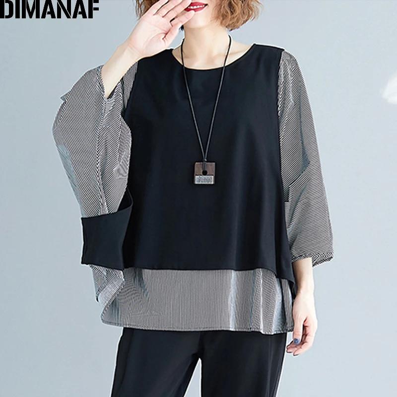  DIMANAF Plus Size Women Blouse Shirts Autumn Oversize Casual Lady Tops Tunic Batwing Sleeve Loose F