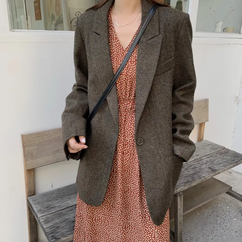 

HziriP Chic All Match Brief Women High Street 2019 Autumn Women Slender Loose Wool Large Size Office Lady Warm Vintage Blazers