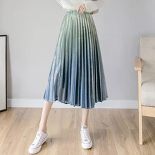 Градиент Джинсовая юбка миди плюс размеры Для женщин длинные; Цвета: серебристый металлик плиссированная юбка Макси Юбка-миди Высокая Талия Elascity Повседневное вечерние юбка Винтаж