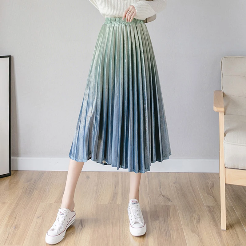 Женская юбка с градиентом длинная Плиссированная Юбка миди цвета металлик