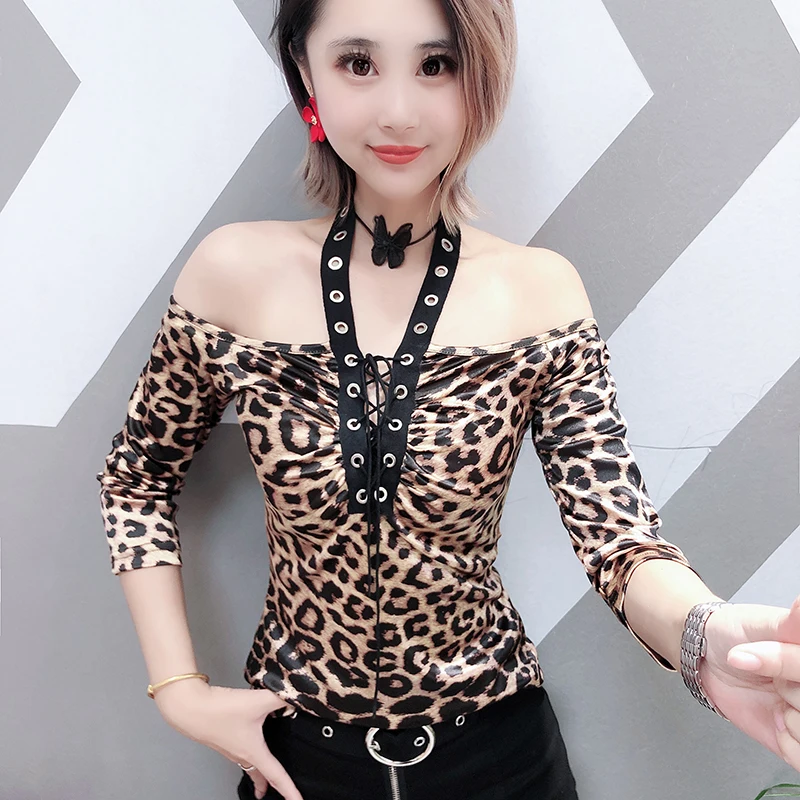 

Korean Sexy Slash Neck Leopard Print Tshirt 2019 New Autumn Winter Top Halter Lace Up Clothes Shirt Camiseta Mujer T98103