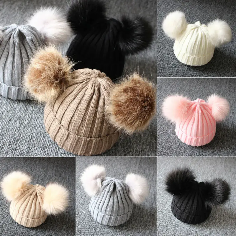 

2019 New Newborn Baby Kids Girls Boys Winter Warm Knit Hat Furry Balls Pompom Solid Warm Cute Lovely Beanie Cap Gifts