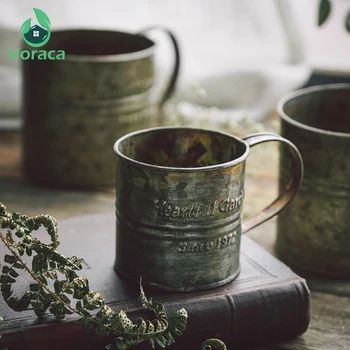 

Retro Iron Handle Cup Metal Vintage English Printing Wrought Iron Food Fruit Cup Flower Bucket Home Decoration Photography Props