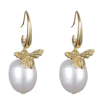 

925 Sterling Silver Jewelry Gold Plated Animal Buzzy Bee Freshwater Pearl Dangle Drop Earrings Party Jewelry accessories Gifts