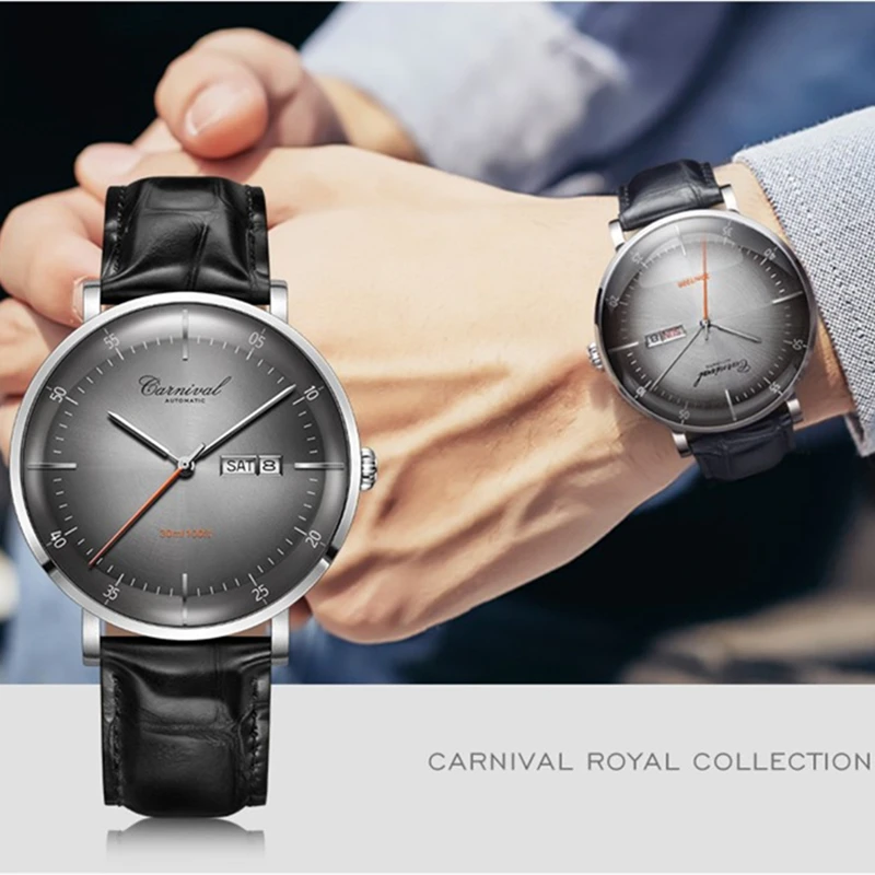 

High-end Mechanical Watches Self Wind CARNIVAL MIYOTA Movement Automatic Watch Men Waterproof Calendar Leather Band Male Clock R