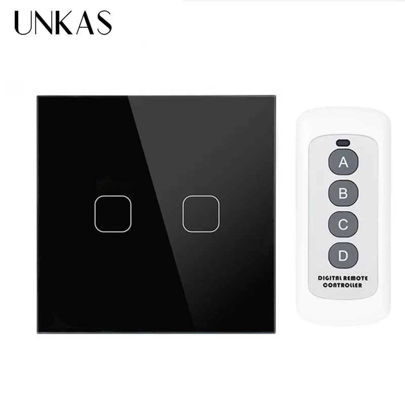 2 Gang Black-B UNKAS AC 170~ 240 В ЕС/Великобритания стандарт 2 банды 1 способ дистанционного управления, настенный светильник, дистанционный сенсорный выключатель с мини-пультом дистанционного управления - Цвет: 2 Gang Black-B