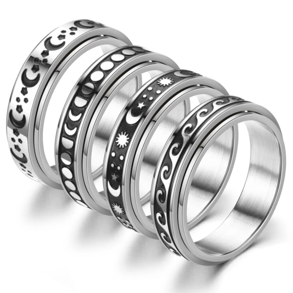 Newest Spinning Spinner Ring For Men Women Fashion Jewelry Punk Moon Star Flower Rotate Stainless Steel Rings 6mm Factory Price | Украшения