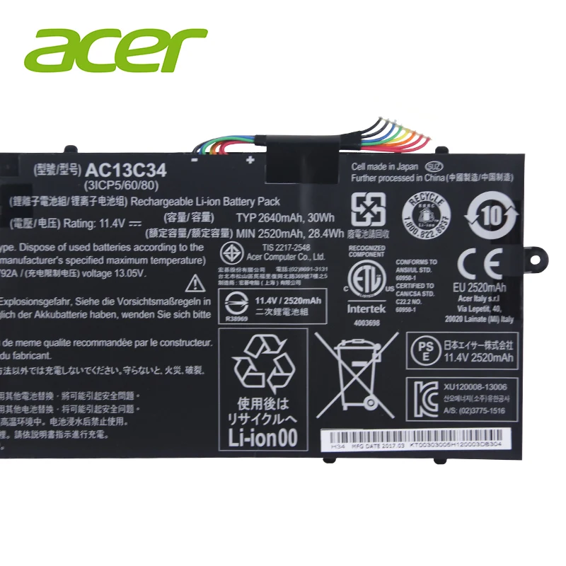 AC13C34 ноутбук Батарея для acer Aspire V5-122P V5-132 E3-111 E3-112 ES1-111M MS237 KT.00303.005 11,4 V 2640 мА-ч/30WH