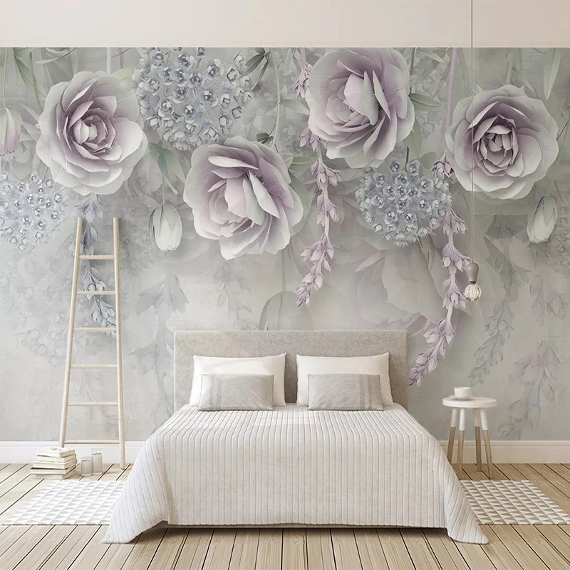 

Custom Mural Wallpaper Purple Floral 3D Stereoscopic Embossed Flowers Bedroom Living Room TV Background Photo Wall Paper Modern