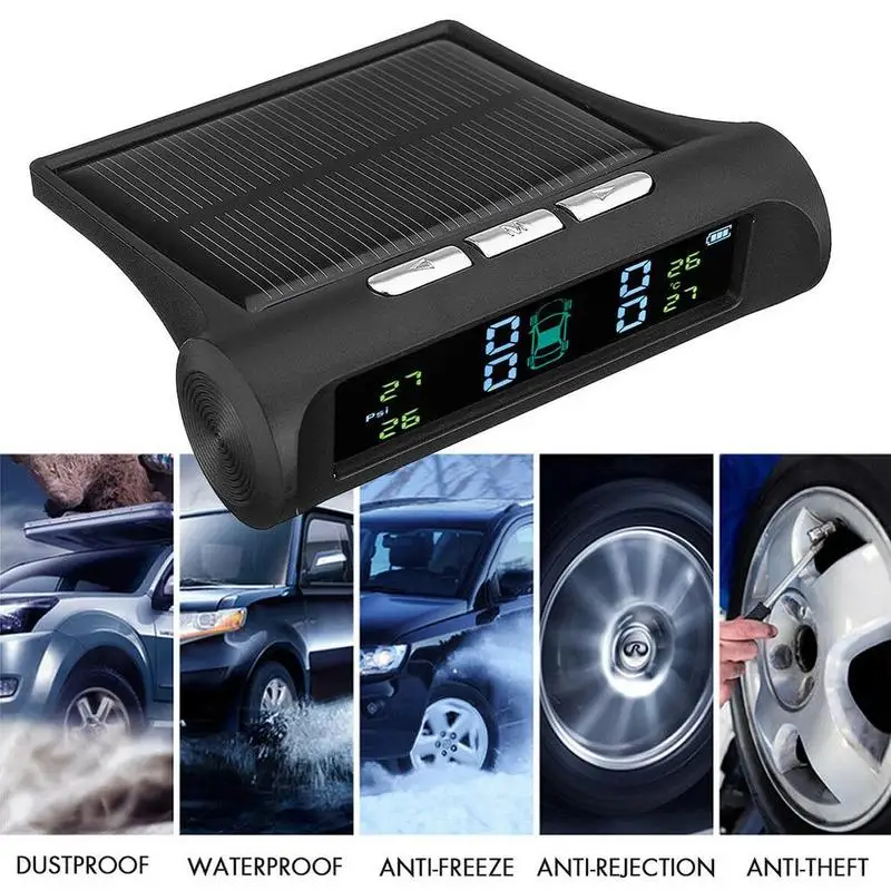Система контроля давления в автомобильных шинах Tpms на солнечной энергии, цифровой ЖК-дисплей, автоматическая система охранной сигнализации, Предупреждение давления в шинах