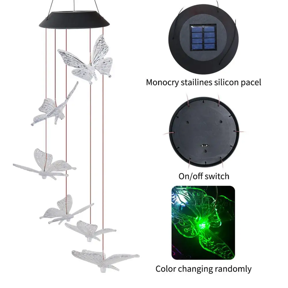 LED Solar Butterfly Wind Chime Light Home Waterproof Garden Hanging Lamp Color Change Light Room Hotel Decoration Light