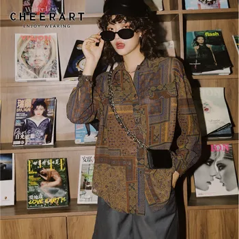 

CHEERART Vintage Blouse Fall Tops Women Long Sleeve Button Up Collar Shirt Print Designer Ethnic Blouse Vintage Top Clothing