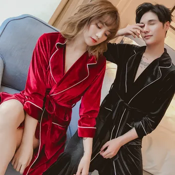 

Spring New Lovers Sleepwear Long Gold Velvet Nightgown Long Sleeves Ladies Bathrobe Lovely Home Clothes Men Casual Home Clothing