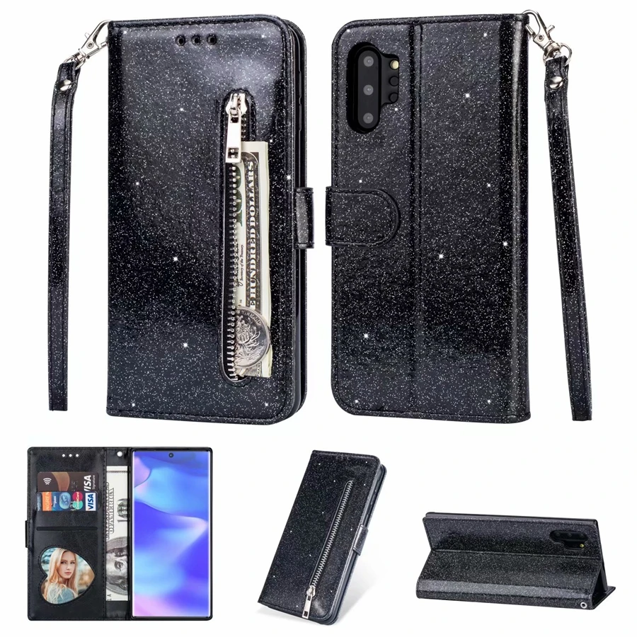 

For Samsung Galaxy S10 Note10 Pro S9 S8 S7 J4 J7 J6 A6 Case Bling Glitter Wallet Strap Flip Stand Zipper Purse Leather Magnetic