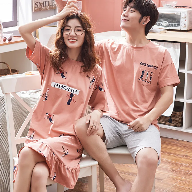 

2020 Couples Pajamas Summer Pure Cotton Short Sleeve Korean-style Cute Nightgown WOMEN'S Suit Thin Men Homewear Set