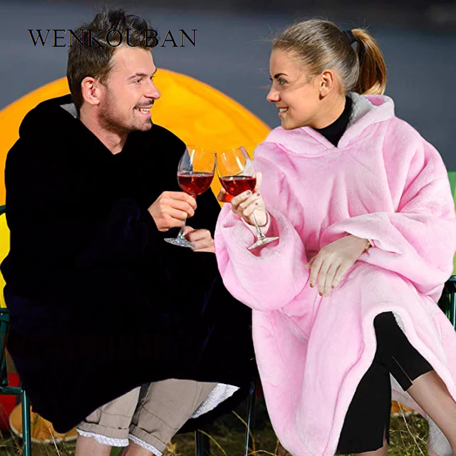 US $19.69 Women Oversized Hoodie Blanket Sweatshirt Coral Fleece Blanket Warm Winter Coat Ladies Giant Hoody