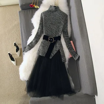 

Autumn/Winter Pullover Womens Cloth Outfits Two-piece Sets Irregular Knitted Sweater+long Mesh Skirt Sets Female Skirts Suits