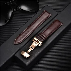Premium Leather Watchband with Stainless Steel Butterfly Buckle - 22mm (Rose gold brown)