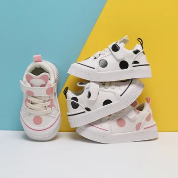

Spring and Autumn Little Kids Casual Shoes Cute Panda Polka-dot Pu Leather Children's Shoes White Pink