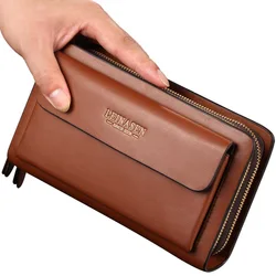 Billeteras de cuero con bolsillo de gran capacidad para hombre, cartera masculina con cremallera doble, monedero, bolso de mano para monedas, Portafoglio negro de lujo B
