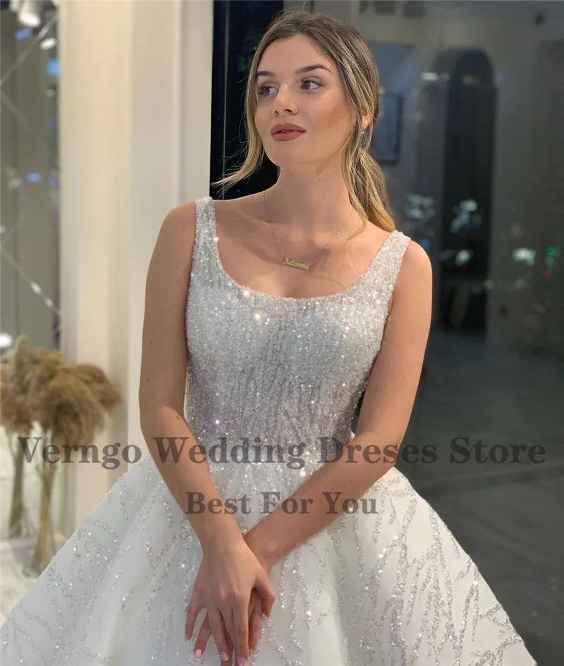 Verngo Glitter A Line Wedding Dress 2021 Shiny Square Neck Princess Shiny Bride Gown Puff Open Skirt Lace Up Back Bridal Dresses