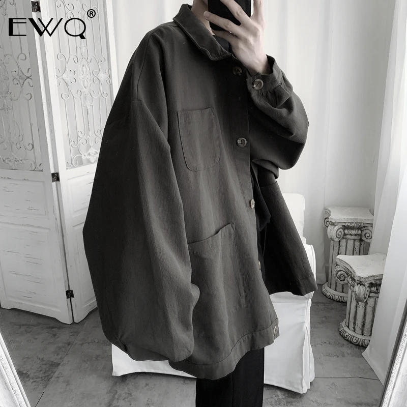 EWQ, Новое поступление, Мужская винтажная Свободная рубашка с длинным рукавом и лепестками, Мужская Повседневная рубашка с отложным воротником и карманами, Мужская однотонная блуза HD336