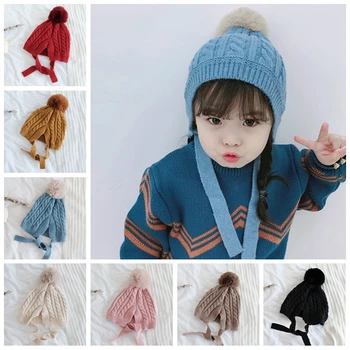 

2-6Y Knitted Winter Baby Hat Solid Girls Boys Earmuff Hat Warm Thick Children Kids Baby Bonnet Cap 8Colors