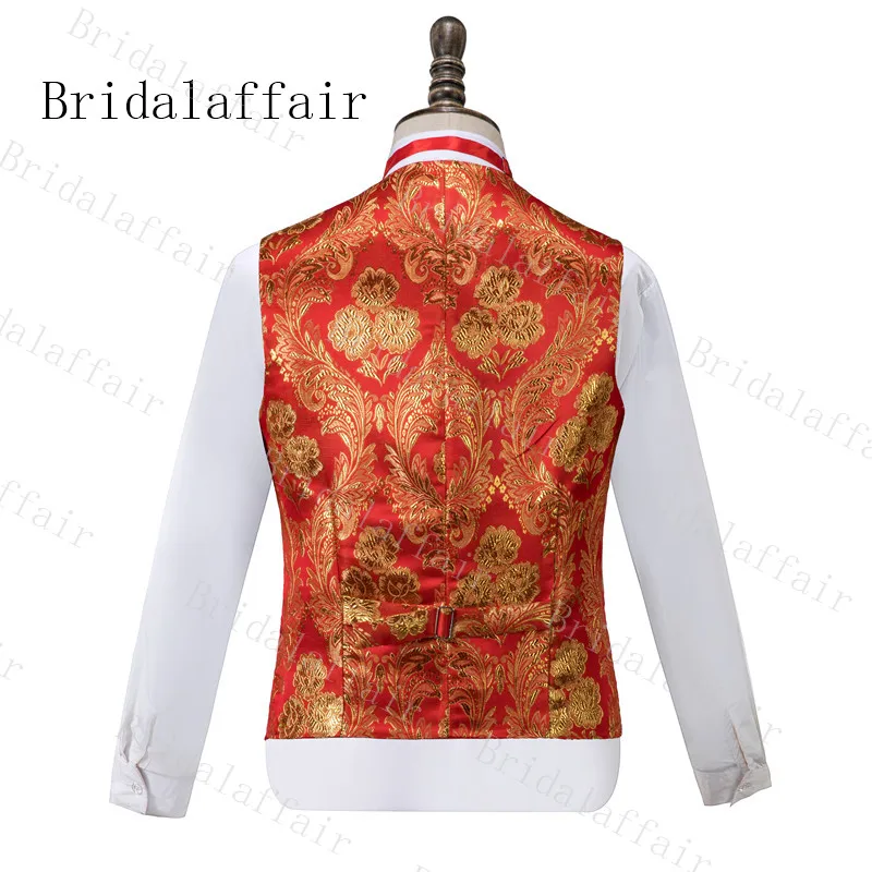 Bridalaffair красный Для мужчин костюмы комплект из 3 предметов осень банкет серии золотой пион жениха мужской мундир для свадьбы двубортное пальто; Детский костюм с жилеткой