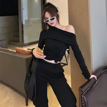 

Fashionable casual leggings 2piece set women new sexy oblique shoulder bottoming T high waist pocket pants two-piece set