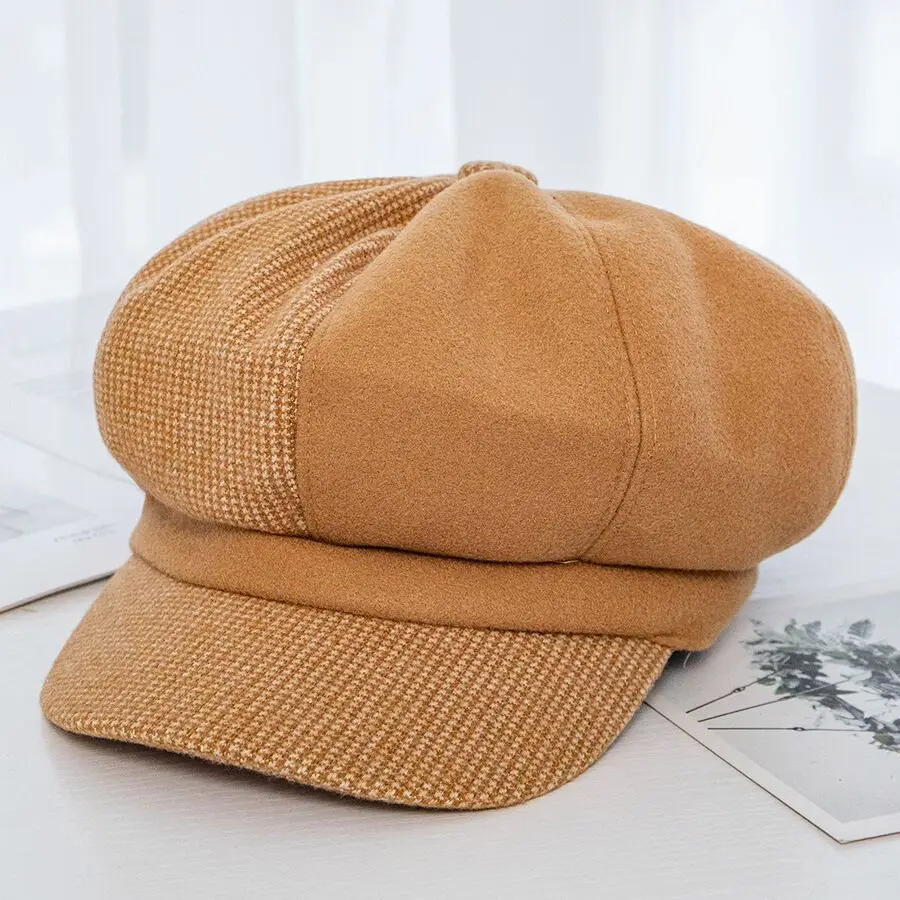 Женская шапка в стиле милитари, осенне-зимняя модная восьмиугольная кепка, клетчатые теплые шапки, шапка для молодых студентов, женская кепка Newsboy