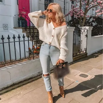 

Autumn Winter Women Long Sleeve Loose Sweater Button Female Solid Knitted Cardigan V-Neck Single-Breasted Plus Size Sweater