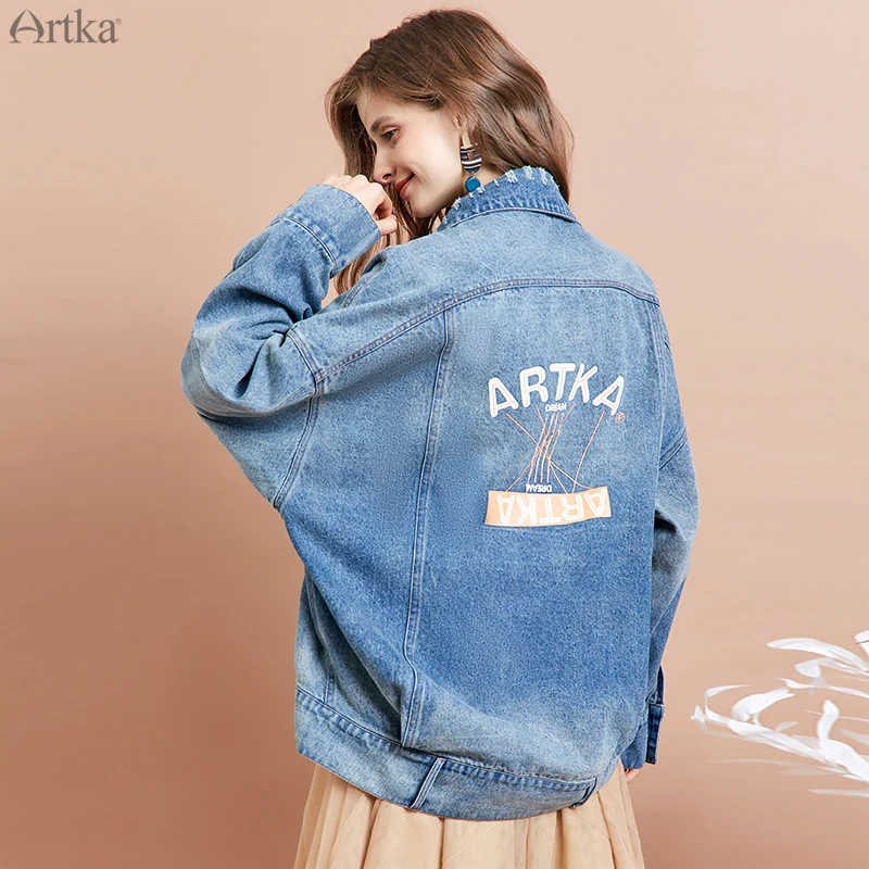 

ARTKA 2019 Autumn New Women Denim Jacket Fashion Letter Print Streetwear Jacket Shredded Oversize Denim Jackets Women WN10094Q