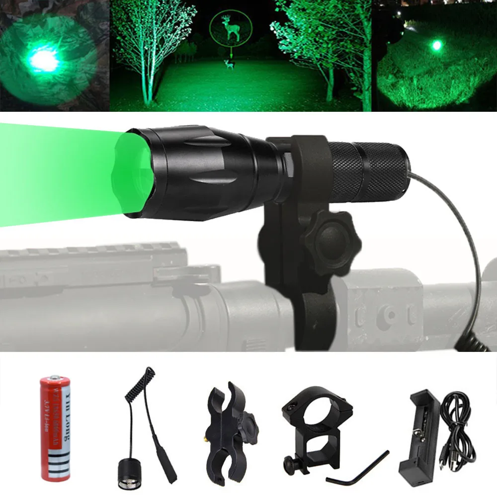 

Outdoor hunting highlight flashlight green/red/blue light tactical hunting flashlight guide rail sight mount remote switch