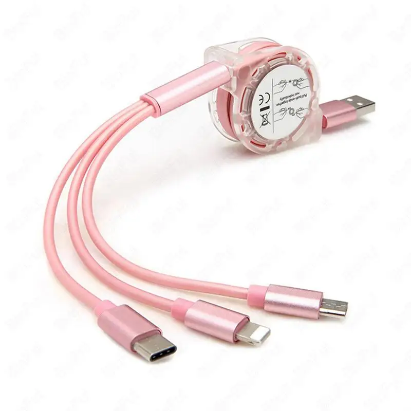 3 в 1 Выдвижной Micro-usb type C мульти зарядный кабель для iPhone X 6 7 8 6s samsung S8 зарядка кабелей для мобильных телефонов - Цвет: Rose Gold
