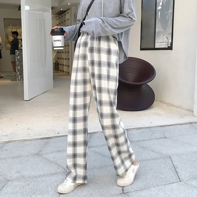 

Mooirue Autumn Vintage Plaid Women Long Pants Wide Leg Drawstring Korean Style Streetwear Loose Bottoms Harajuku Retro Pants