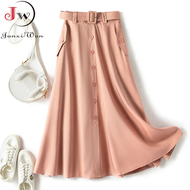 Falda larga de Estilo Vintage para mujer, falda informal de color sólido alto, con cinturón y bolsillo, para oficina, 2021