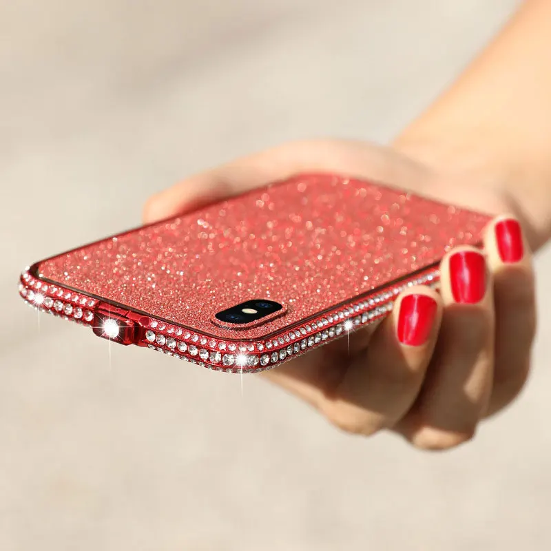 Red Блестящие стразы с алюминиевой рамкой для iPhone X XS Max XR 8 7 6 6S Plus чехол-бампер с алмазами с задней передней пленкой - Цвет: Red
